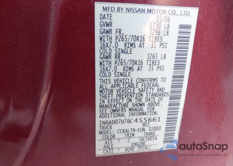 2006 Nissan Frontier Se z USA, uszkodzony, nr VIN 1N6AD07U76C455661
